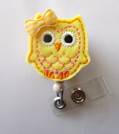 Yellow owl with bow - retractable felt badge holder - name badge holder - cute badge reel - nursing badge clip - nurse badge holder