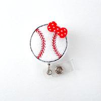Baseball with Bow - Cute Badge Holder - Sports Badge Holder - Felt Badge Holder - Nursing Badge Holder - Mens Badge Reel - Teacher Badge - Thumbnail 2