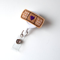 Bandaid Purple Heart - Retractable ID Badge Reel - MD Badge Holder - Cute Badge Reel - Nurse Badge Holder - Nursing Badge Clip - Felt Badge - Thumbnail 2