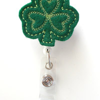 Green Clover Shamrock  - St Patricks Day Badge  - Name Badge Holder - Cute Badge Reel - Nursing Badge - Felt Badge Reel - Holiday Badge Reel - Thumbnail 2