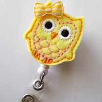 Yellow Owl with Bow - Retractable Felt Badge Holder - Name Badge Holder - Cute Badge Reel - Nursing Badge Clip - Nurse Badge Holder - Thumbnail 2