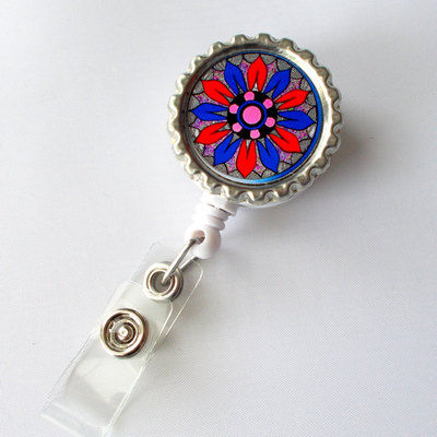 Patriotic funky flower  - flower badge holder -  nursing badge holder - id badge reel - nurse id badge clip - teacher badge holder - rn gift