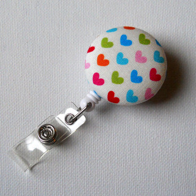 Colorful hearts - name badge holder - retractable id badge reel - cute id badge clip - badges - fabric badge pull - pediatric badge