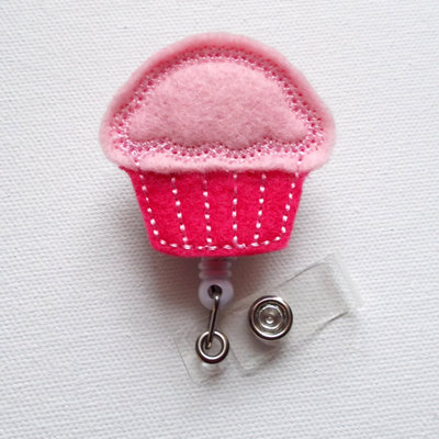 Pink cupcake- retractable id - name badge holder - felt badge holder - id badge holder - cute badge reel - nursing badge