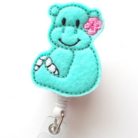 Baby Hippo Aqua - Retractable ID Badge Reel - Name Badge Holder - Pediatric Badge Reel - Nurse Badge Holder - Nursing Badge - Felt Badge - Thumbnail 2