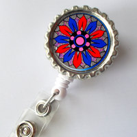 Patriotic Funky Flower  - Flower Badge Holder -  Nursing Badge Holder - ID Badge Reel - Nurse ID Badge Clip - Teacher Badge Holder - RN Gift - Thumbnail 1
