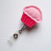 Pink Cupcake- Retractable ID - Name Badge Holder - Felt Badge Holder - ID Badge Holder - Cute Badge Reel - Nursing Badge - Thumbnail 1