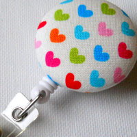 Colorful Hearts - Name Badge Holder - Retractable ID Badge Reel - Cute ID Badge Clip - Badges - Fabric Badge Pull - Pediatric Badge - Thumbnail 1