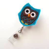 Brown and Blue Owl - Retractable ID Badge Reel - Name Badge Holder - Pediatric Badge Reel - Nurse Badge Holder - Nursing Badge - Felt Badge - Thumbnail 1