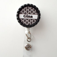 Personalized Damask Black - ID Badge Holder - Badge Reel - Name Badge Holder - Teacher Badge - Nursing Badge - Nurse Badge Holder - RN - Thumbnail 1