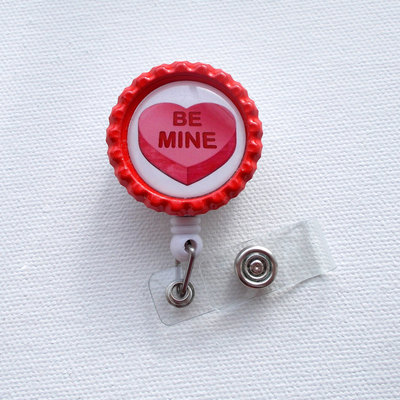 Be mine - bottle cap id badge reel - cute id badge reel - name badge holder - pretty badge clip - badges - teacher badge pull