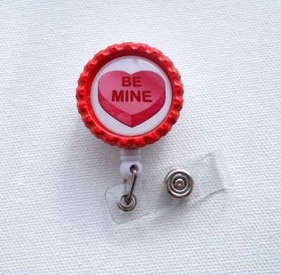 Be mine - bottle cap id badge reel - cute id badge reel - name badge holder - pretty badge clip - badges - teacher badge pull