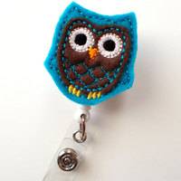 Brown and Blue Owl - Retractable ID Badge Reel - Name Badge Holder - Pediatric Badge Reel - Nurse Badge Holder - Nursing Badge - Felt Badge - Thumbnail 2