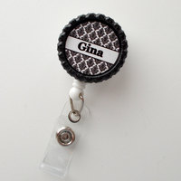 Personalized Damask Black - ID Badge Holder - Badge Reel - Name Badge Holder - Teacher Badge - Nursing Badge - Nurse Badge Holder - RN - Thumbnail 2