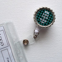 Keep Calm and Nurse On - Tartan Green - Mens ID Badge Holder - Nursing Badge Reel - Nurse ID Badge Clip - Thumbnail 1