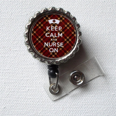 Keep calm and nurse on - brown and gold tartan - id badge holder - badge reel - mens badge holder - nurse id badge clip