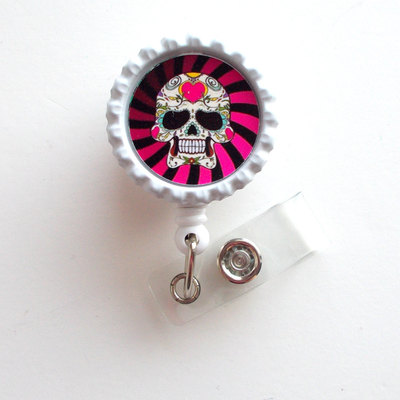 Skeleton candy red and pink striped - nursing badge holder - labor and delivery badge reel  - nurse name badge -teacher badge