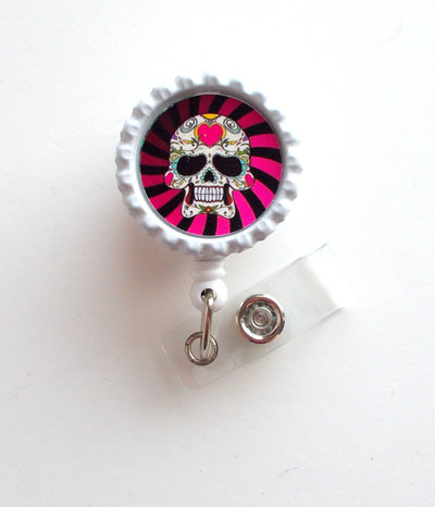 Skeleton candy red and pink striped - nursing badge holder - labor and delivery badge reel  - nurse name badge -teacher badge