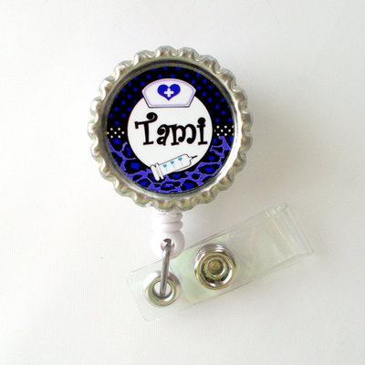 Personalized leopard purple - id badge holder - badge reel - name badge holder - bottle cap badge - nursing badge - nurse badge holder