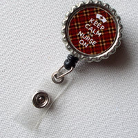 Keep Calm and Nurse On - Brown and Gold Tartan - ID Badge Holder - Badge Reel - Mens Badge Holder - Nurse ID Badge Clip - Thumbnail 1