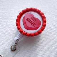 Be Mine - Bottle Cap ID Badge Reel - Cute ID Badge Reel - Name Badge Holder - Pretty Badge Clip - Badges - Teacher Badge Pull - Thumbnail 2