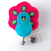 Blue and Pink Peacock - Retractable ID Felt Badge Holder - ID Badge Holder - RN Badge - Nurse Badge Holder - Nursing Badge Clip - Thumbnail 1