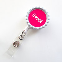 Hot Pink iHeal  - Nurses Badge Holder - Nursing Badge Reel - Name Badge Holder - Nurse ID Badge Clip - OB Badge Clip - Thumbnail 1