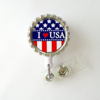 American Flag - I Love USA - ID Badge Holder - Badge Reel - Name Badge Holder - Bottle Cap Badge - Nursing Badge - Nurses Badge Holder - Thumbnail 3