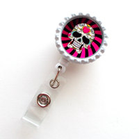 Skeleton Candy Red and Pink Striped - Nursing Badge Holder - Labor and Delivery Badge Reel  - Nurse Name Badge -Teacher Badge - Thumbnail 1