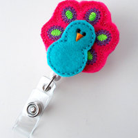 Blue and Pink Peacock - Retractable ID Felt Badge Holder - ID Badge Holder - RN Badge - Nurse Badge Holder - Nursing Badge Clip - Thumbnail 2