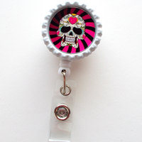 Skeleton Candy Red and Pink Striped - Nursing Badge Holder - Labor and Delivery Badge Reel  - Nurse Name Badge -Teacher Badge - Thumbnail 2