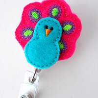 Blue and Pink Peacock - Retractable ID Felt Badge Holder - ID Badge Holder - RN Badge - Nurse Badge Holder - Nursing Badge Clip - Thumbnail 3