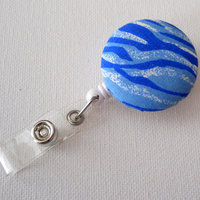 Name Badge Holder - Retractable ID Badge Reel - RN Badge Clip - NICU Badge Holder - Nurse Badge Holder - Blue Zebra - Thumbnail 1