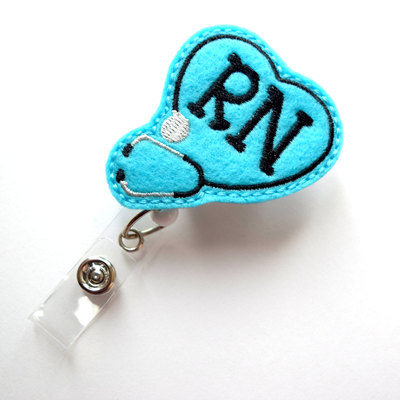 Rn heart stethoscope blue - retractable badge reel - name badge holder - nurse badge holder - nursing badge clip - felt badge - badge reels