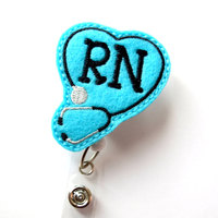 RN Heart Stethoscope Blue - Retractable Badge Reel - Name Badge Holder - Nurse Badge Holder - Nursing Badge Clip - Felt Badge - Badge Reels - Thumbnail 1