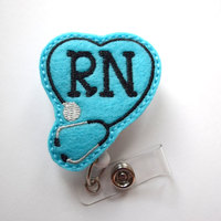 RN Heart Stethoscope Blue - Retractable Badge Reel - Name Badge Holder - Nurse Badge Holder - Nursing Badge Clip - Felt Badge - Badge Reels - Thumbnail 2