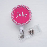 Personalized Pink Polka Dot Bottlecap/Bottle Cap ID Badge Reel (Retractable), handmade by JEJEWELED - Thumbnail 2