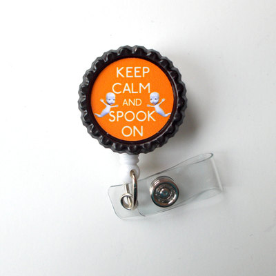 Keep calm and spook on orange - name badge holder - ghost badge reel  - nursing badge - teacher  badge - nurses badge - halloween badge