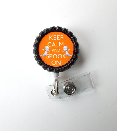 Keep calm and spook on orange - name badge holder - ghost badge reel  - nursing badge - teacher  badge - nurses badge - halloween badge