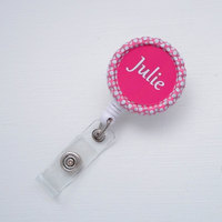Personalized Pink Polka Dot Bottlecap/Bottle Cap ID Badge Reel (Retractable), handmade by JEJEWELED - Thumbnail 3