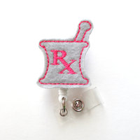 RX Mortar and Pestle Pink and Gray - RX Badge Holder - Pharmacy Badge Clip - Pharmacist Badge Reel - Pharmacist Gift - Pharmacy Assistant ID - Thumbnail 2