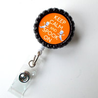 Keep Calm and Spook On Orange - Name Badge Holder - Ghost Badge Reel  - Nursing Badge - Teacher  Badge - Nurses Badge - Halloween Badge - Thumbnail 2