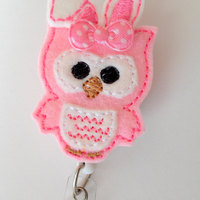 Easter Bunny Owl - Retractable ID Felt Badge Holder - Pediatric Badge Reel - Nurses Badge Holder - Nurse Badge - Teacher Badge - NP Badge - Thumbnail 4