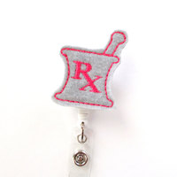 RX Mortar and Pestle Pink and Gray - RX Badge Holder - Pharmacy Badge Clip - Pharmacist Badge Reel - Pharmacist Gift - Pharmacy Assistant ID - Thumbnail 4