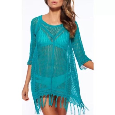 Sky blue classy fringe crochet bikini cover up