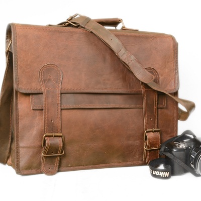 Real goat leather messenger laptop bag tan vintage