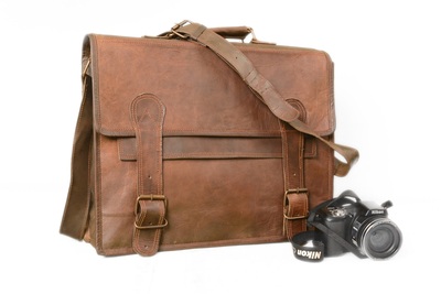 Real goat leather messenger laptop bag tan vintage