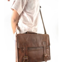 Real Goat Leather Messenger Laptop Bag Tan Vintage - Thumbnail 3