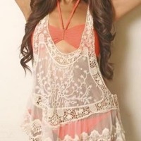 Green Sexy Sleeveless Crochet Cover Up - Thumbnail 1