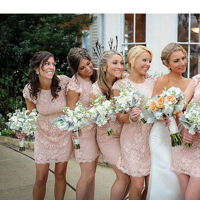 Pretty bridesmaid dress,round neck bridesmaid dress,cap sleeves bridesmaid dress,pink lace bridesmaid dress,short bridesmaid dress, bds00080